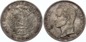 Venezuela 5 Bolivares 1912
KM# 24.2; Silver, VF. Rare.