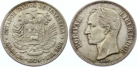 Venezuela 5 Bolivares 1926
KM# 24.2; Silver, XF+. Rare.