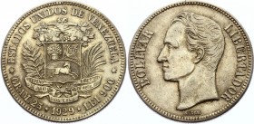 Venezuela 5 Bolivares 1929
KM# 24.2; Silver, XF+.