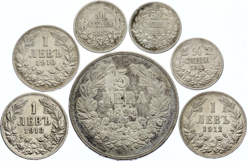 Bulgaria Lot of 7 Coins 1883 - 1913
Silver; Various Dates, Denominations