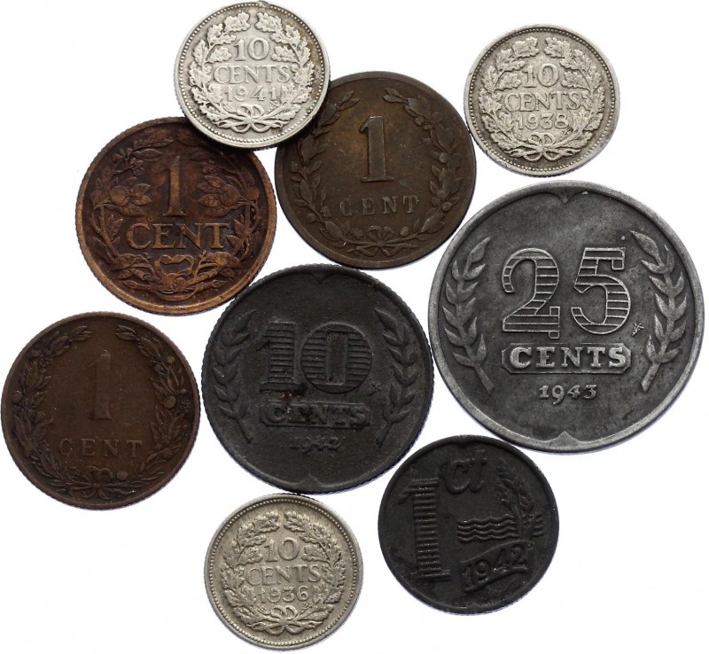 Netherlands Lot of 9 Coins 1878 - 1943
With Silver; Various Dates & Denominatio...