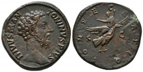 MARCO AURELIO. Sestercio. (Ae. 24,97g/33mm). 180 d.C. Roma. (RIC 660). MBC+. Limpiada mecánicamente. Escasa.