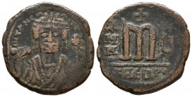 MAURICIO TIBERIO. Follis. (Ae. 11,54g/23mm). 589-590 d.C. (Año 8). Theoupolis (Antioquía). (Sear 532). MBC-.