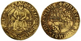 ENRIQUE IV (1454-1474). Enrique de la silla. (Au. 4,46g/28mm). Madrid. (FAB-658). En anverso figura del rey entronizado dentro de gráfila cuatrilobula...