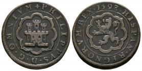 FELIPE II (1556-1598). 4 Maravedís. (Ae. 5,56g/27mm). Segovia. 1598/7. (Cal-2019-90). Sin indicación de ceca ni valor. MBC+. Escasa.