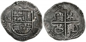 FELIPE II (1598-1621). 8 Reales. (Ar. 23,00g/36mm). Fecha no visible. Sevilla. (Cal-2019-720). MBC-. Recortada.
