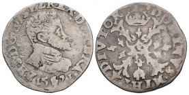 FELIPE II (1556-1598). 1/10 de Escudo. (Ar. 3,11g/25mm). 1571. Amberes. (Vanhoudt 308). MBC-.