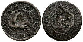 FELIPE III (1598-1621). 4 Maravedís. (Ae. 5,09g/28mm). 1599. Segovia C. (Cal-2019-248). Resellada a XII maravedís. MBC.