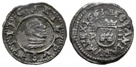 FELIPE IV (1621-1665). 4 Maravedís. (Ae. 1,01g/16mm). 1663. Burgos R. (Cal-2019-188 var). Variante: PHILIPVS. MBC-. Escasa.