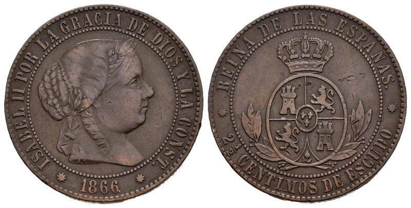 ISABEL II (1833-1868). 2 1/2 Céntimos de Escudo. (Ae. 6,12g/25mm). 1866. Barcelo...