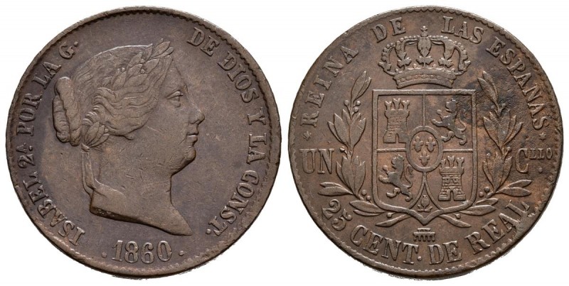 ISABEL II (1833-1868). 25 Céntimos de Real. (Ae. 9,16g/27mm). 1860. Segovia. (Ca...