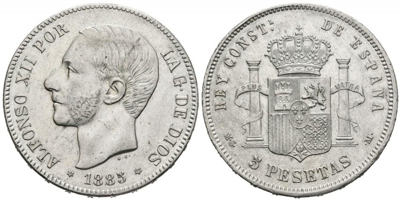 ALFONSO XII (1874-1885). 5 Pesetas. (Ar. 24,97g/37mm). 1885 *18-86. Madrid MSM. ...