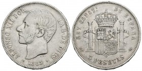 ALFONSO XII (1874-1885). 5 Pesetas. (Ar. 24,93g/38mm). 1885 *18-87. Madrid MPM. (Cal-2019-63). MBC. Moneda acuñada ya en el reinado de Alfonso XIII. E...