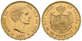 ALFONSO XII (1874-1885). 25 Pesetas. (Au. 8,07g/24mm). 1877 *18-77. Madrid DEM. (Cal-2019-68). EBC.