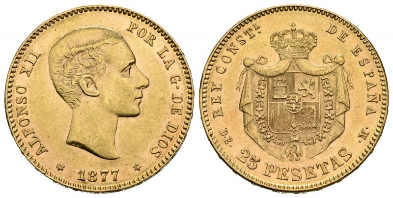 ALFONSO XII (1874-1885). 25 Pesetas. (Au. 8,06g/24mm). 1877 *18-77. Madrid DEM. ...