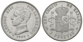 ALFONSO XIII (1885-1931). 2 Pesetas. (Ar. 9,93g/27mm). 1905 *19-05. Madrid SMV. (Cal-2019-88). SC. Brillo original.