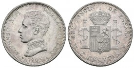 ALFONSO XIII (1885-1931). 2 Pesetas (Ar. 10,01/27mm).1905 (*19*05). Madrid. (Cal-2019-88).EBC. Brillo original.
