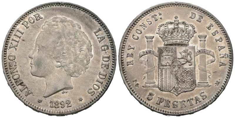 ALFONSO XIII (1885-1931). 5 Pesetas. (Ar. 24,96g/37mm). 1892 *18-92. Madrid PGM....