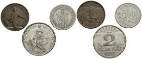 CONSEJO DE ASTURIAS Y LEON. Conjunto de tres valores acuñados por este Consejo: 50 Céntimos, 1 y 2 Pesetas. 1937. (Cal-2019-8/10). EBC-.