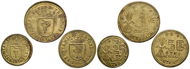 TREBUJENA (Cádiz). Conjunto de 3 valores: 25 y 50 Céntimos y 1 Peseta. 1936. No ...