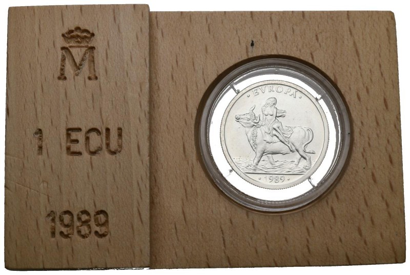 JUAN CARLOS I. 1 Ecu. (Ar. 6,7g/24mm). 1989. "EUROPA". Presentada en estuche ori...