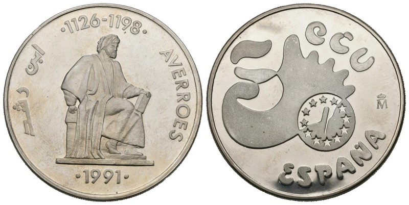JUAN CARLOS I. 5 Ecu. (Ar. 33,62g/42mm). 1991. "AVERROES". Presentada en estuche...