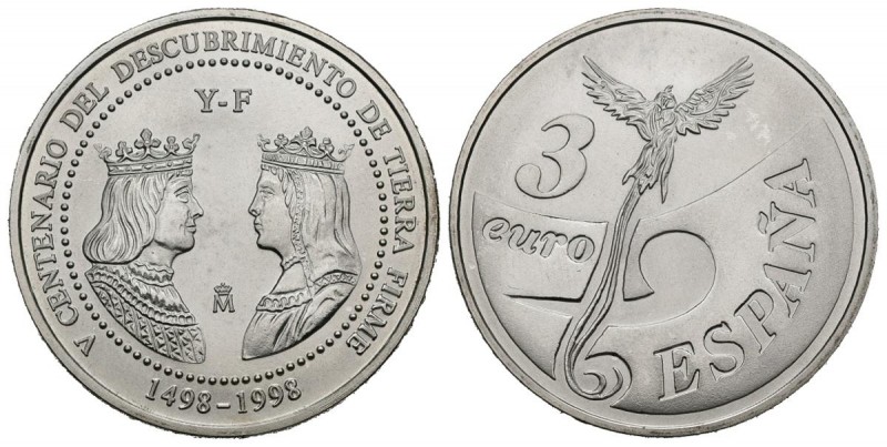 JUAN CARLOS I. 3 Euro. (Ar. 20,00g/33mm). 1998. "500 ANIVERSARIO DESCUBRIMIENTO ...