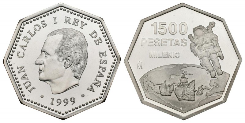 JUAN CARLOS I. 1500 Pesetas. (Ar. 20,00g/30mm). 1999. "MILENIO". PROOF. Presenta...