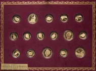CONTEMPORANEO. Colección "Homenaje a la Peseta" compuesta de 16 medallas de plata de 1ª ley (999 milésimas) recubierta de oro de 1ª ley. Diferentes mó...