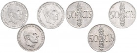 ESTADO ESPAÑOL. Conjunto de 3 monedas de 50 Céntimos de 1966 con reverso girado. Excelentes estados de conservación. A EXAMINAR.