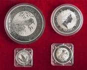 AUSTRALIA. Estuche compuesto con la serie de Kookaburra con los valores: 30, 10, 2 y 1 Dollars. (Peso total de plata: 1808 g). 1992. PROOF.