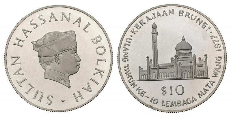 BRUNEI. 10 Dollars. (Ar. 28,54g/38mm). 1977. "10º ANIVERSARIO DE LA CAJA DE CONV...