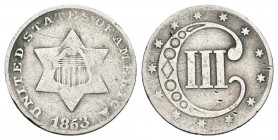 ESTADOS UNIDOS. 3 Cents. 1853. Philadelphia. Km#75. Ar. 0,74g. MBC-/BC. Escasa.