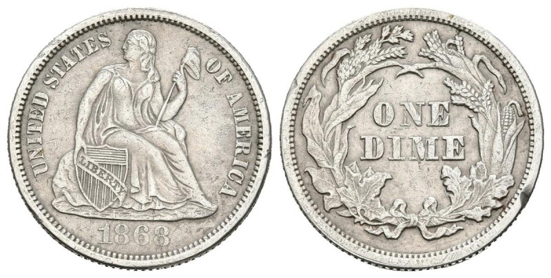 ESTADOS UNIDOS. 1 Dime. 1868. Km#92. Ar. 2,45g. Golpe en el canto. MBC+.