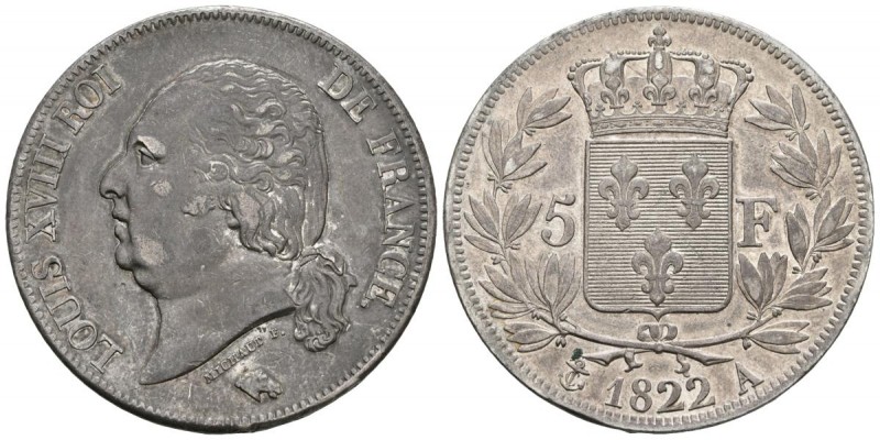 FRANCIA. Louis XVIII. 5 Francs. 1822. París A. Gad. 614; F.309. Ar. 24,99g. Boni...