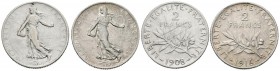 FRANCIA. Intersante conjunto de 2 monedas de 2 Francs de los años 1908 y 1916. Diferentes estados de conservación. A EXAMINAR.