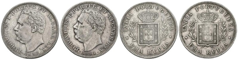 INDIA PORTUGUESA. Conjunto de 2 Rupias de los años 1881 y 1882. Diferentes estad...