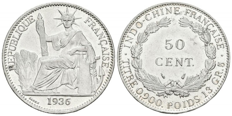 FRANCIA, INDO-CHINA. 50 Cent. 1936. Km#4a.2. Ar. 13,44g. Leves marquitas en reve...
