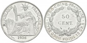 FRANCIA, INDO-CHINA. 50 Cent. 1936. Km#4a.2. Ar. 13,44g. Leves marquitas en reverso. EBC+.