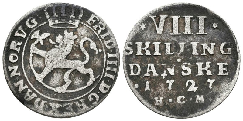 NORUEGA. Friedrich IV. 8 Skilling. 1727 H·C·M. KLH 17A Sieg 5.1. Ar. 2,58g. Algo...