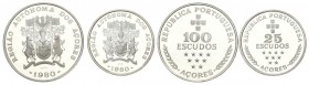 PORTUGAL. Set conmemorativo de 2 monedas. "AUTONOMIA REGIONAL ODS AÇORES". 1980. PROOF. Incluye estuche oficial y certificados.