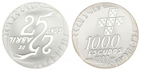 PORTUGAL. 1000 Escudos (Ar. 27,00g/40mm). 1999. "25 ANIVERSARIO DE LA REVOLUCION DE LOS CLAVELES". (Km#715). PROOF. Incluye estuche oficial y certific...