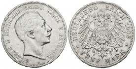 PRUSIA. 5 Marks. (Ar. 27,73g/38mm). 1908. (Km#523). MBC.