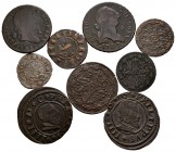 EPOCA MEDIEVAL y MONARQUIA ESPAÑOLA. Conjunto de 9 monedas que incluye gran variedad de reyes, cecas, valores y estados de conservación. A EXAMINAR.