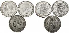 CENTENARIO DE LA PESETA. Conjunto de 3 monedas de 5 Pesetas de tres reinados distintos. Diferentes estados de conservación. A EXAMINAR.
