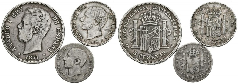 CENTENARIO DE LA PESETA. Conjunto de 3 monedas de plata de diferentes años, valo...