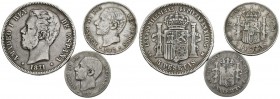 CENTENARIO DE LA PESETA. Conjunto de 3 monedas de plata de diferentes años, valores y estados de conservación. A EXAMINAR.