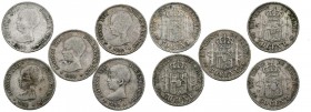 CENTENARIO DE LA PESETA. Bonito conjunto de 5 piezas de 50 Céntimos de Alfonso XII de 1892 *9-2. Diferentes estados de conservación. A EXAMINAR.