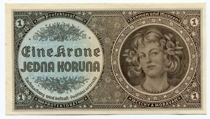 Bohemia & Moravia 1 Koruna 1940
P# 3; UNC.