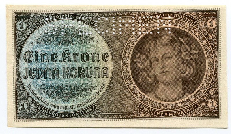 Bohemia & Moravia 1 Koruna 1940 Specimen
P# 3s; UNC.